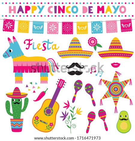 Cinco de Mayo, national Mexican holiday,  vector symbols set (sombreros, pinatas, a guitar, colorful banners and decoration)