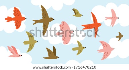Flying birds in the sky set. Cute bird. Children's cartoon characters. Simple hand drawn style.