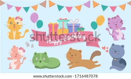Happy Birthday card for cat lover, Greeting card with cute cats and gifts. Vector illustration.