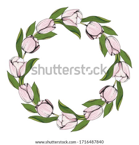 Tulips pink wreath white background