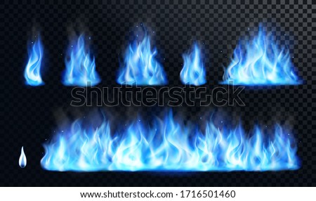 Blue fire flame realistic set. Flare bonfire bright small and big fiery elements, natural gas burning. Vector illustration.
