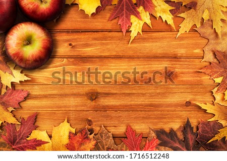 Apples and maple leaves disposed on a wooden table. Flat lay, top view of autumn decoration concept.