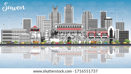 Suwon South Korea City Skyline with Color Buildings, Blue Sky and Reflections. Vector Illustration. Business Travel and Tourism Concept with Historic and Modern Architecture. Suwon Cityscape. Royalty-Free Stock Photo #1716551737