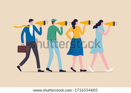 Marketing strategy, word of mouth people tell friend about good product and service, vebally tell story or communication concept, people using megaphone to tell story to their friends. Royalty-Free Stock Photo #1716554605
