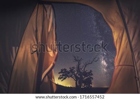 Tent with a view of milky way, camping at mountain 
