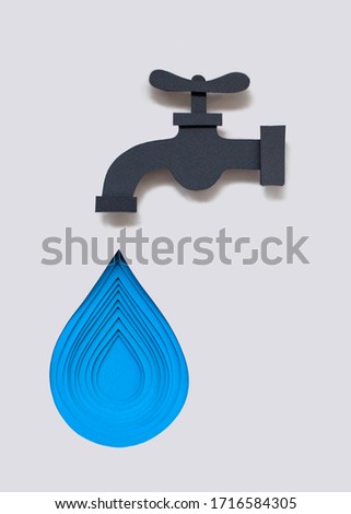 Paper art water tap with drop. Symbol. 
