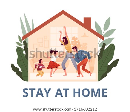 Poster urging you to stay home to protect yourself from the new COVID-2019 coronavirus. Family with children is dancing in quarantine at home. Royalty-Free Stock Photo #1716602212