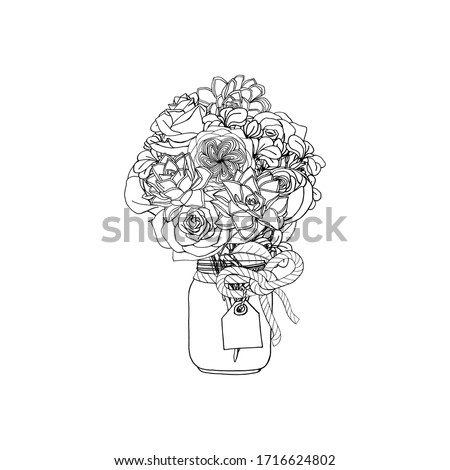 Hand drawn doodle style bouquet of different flowers, succulent, rose, stock flower. isolated on white background. stock vector illustration