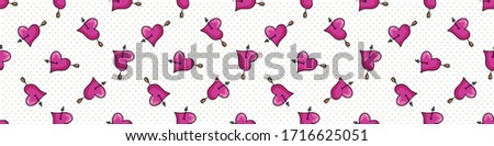 Cute heart with arrow cartoon seamless vector border. Hand drawn romantic symbol kawaii illustration for kids. Valentines day all over print on stripe background. Marriage tile. 