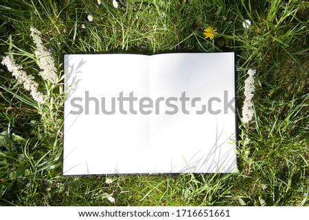 The open album lies on green grass in the park. White sheet on lawn, free space for your design, mock up