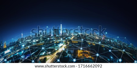 Rounded abstract cityscape network connection, internet and global connection concept. Royalty-Free Stock Photo #1716662092