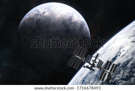 Space station, planets somewhere in deep space. Science fiction. Elements of this image furnished by NASA