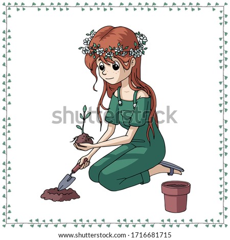 Cute cartoon girl working in a garden with gardening tools. Gardener planting young seedlings. Growing plants concept. Vector illustration. Isolated objects on white background.