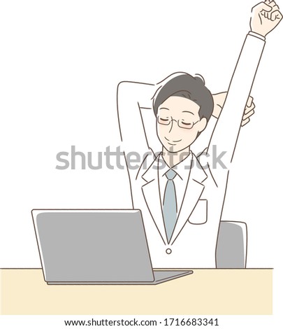 Illustration of a man stretching in front of a computer