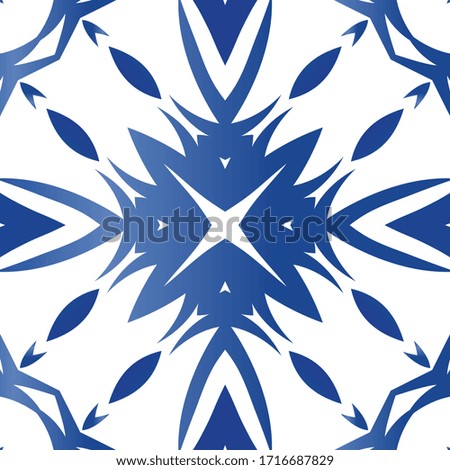 Portuguese vintage azulejo tiles. Vector seamless pattern watercolor. Minimal design. Blue antique background for pillows, print, wallpaper, web backdrop, towels, surface texture.