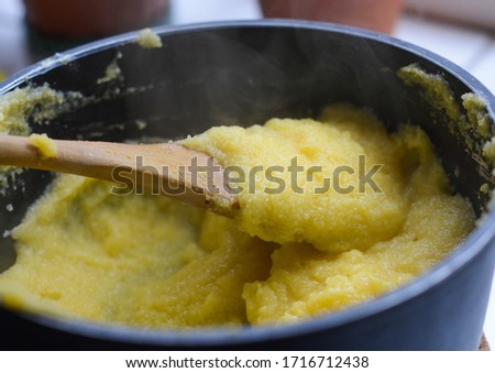 Steaming polenta in a bowl, just been finished to be cooked Royalty-Free Stock Photo #1716712438