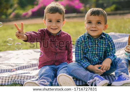 Twin brothers sitting in a nature park having a picnic - Family, twin brothers and friends concept - Bubbles and childs