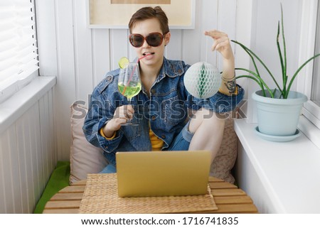 online party from home. woman with aperitif
 Royalty-Free Stock Photo #1716741835