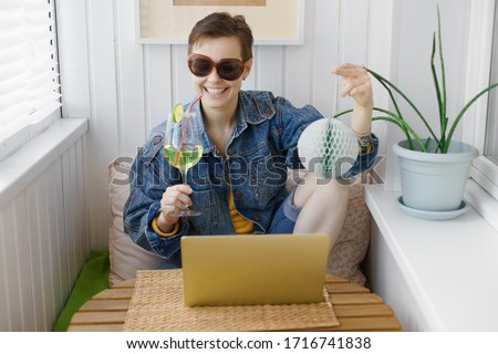 online party from home. woman with aperitif
 Royalty-Free Stock Photo #1716741838