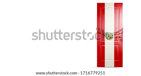 Door colored in Peru national flag, locking with chain. Countries lockdown during coronavirus, COVID spreading. Concept of medicine and healthcare. Worldwide epidemic, quarantine. Copyspace.