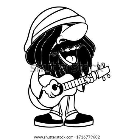 Man with dreadlock hairstyle wearing skullcap with rastafarian flag colors singing while playing acoustic guitars Coloring Book Cartoon Vector