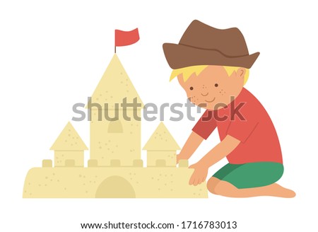 Vector kid constructing sand castle. Child doing beach activity. Cute boy isolated on white background. Fun summer illustration