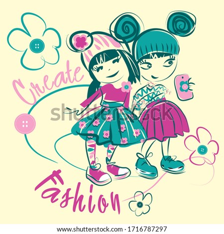 Cute little models vector character illustration. Create fashion collection