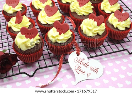 Made with Love, red velvet cupcakes with vanilla frosting and cute red hearts with love messages for Valentines Day, Mothers Day, birthday Christmas or special romantic occasion.