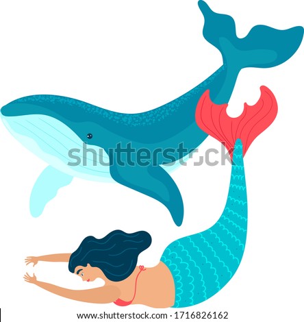 Cute cartoon mermaid princess travels ot plays with a whale isolated on white vector, illustration. Sea marine or sirene walking with big blue whale the underwater world in a children s style.