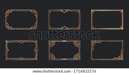 Art deco golden frames set. Line gold decorative borders isolated on black background. Vector illustration for vintage, decoration, antique design concept