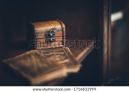 An old chest on a wooden shelf, in leather upholstery, in the foreground books are out of focus. Vintage picture reminiscent of a secret or riddle.