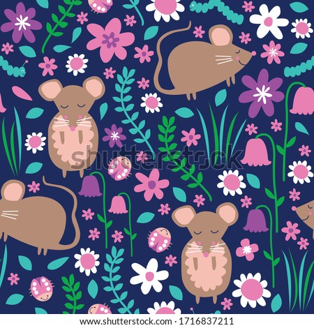 Kids fields mouse pattern with leaves flowers, ladybirds and caterpillars. Great for gift, wrapping, backgrounds, fabric, home decor, apparel.