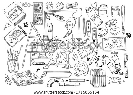 young girl draws with a brush on an easel, set of artists, black and white, vector illustration