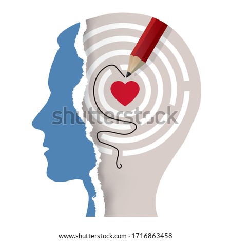 Love Your Self, male head, psychological concept. 
Illustration of male stylized head silhouette with solved  maze, heart and pencil. Vector available.