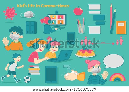 Corona home school kids set of vector graphics