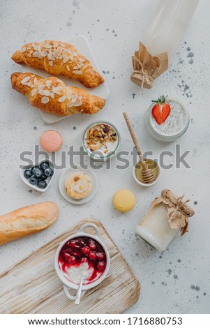 Breakfast dishes on a light background