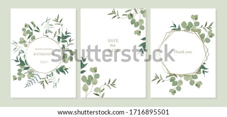 Set of floral card with eucalyptus leaves. Greenery frame. Rustic style. For wedding, birthday, party, save the date. Vector illustration. Watercolor style  Royalty-Free Stock Photo #1716895501