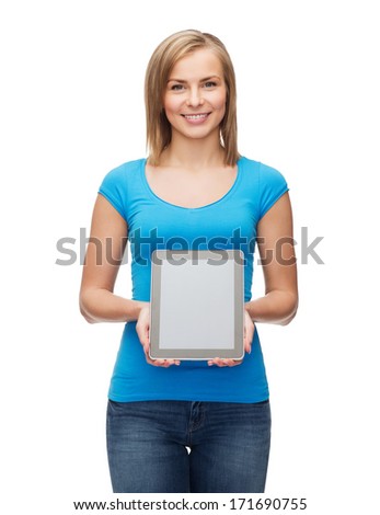 technology, internet, advertisement and people concept - smiling girl with tablet pc computer with blank scneen