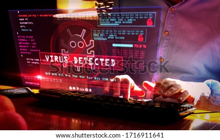 Virus detected alert on computer screen. Cyber security breach warning with worm symbol and system protection concept 3d illustration with glitch effect. Royalty-Free Stock Photo #1716911641
