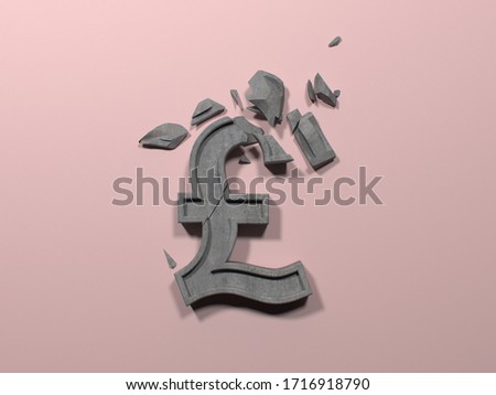 Conceptual image with broken stone, concrete U.K. pound sign. Pound Symbol breaking apart. financial crisis. collapse in economy.
