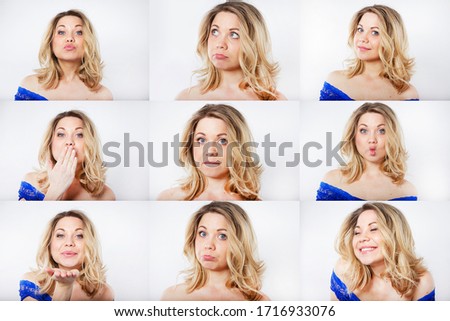 Collage. Portraits of a young smiling woman isolated on white. Different emotions of one pretty blond woman. Cute girl.