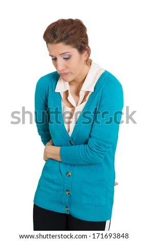 Closeup portrait of nerdy, shy, insecure, embarrassed young girl, nervous student looking down, avoiding eye contact, anxious, isolated on white background. Human emotions, facial expressions, feeling