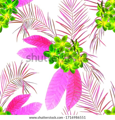 Decorative floral seamless patern with watercolor tropical flowers. Plumeria. Colorful summer nature background.