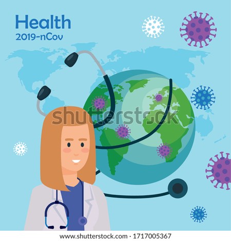 doctor female and world planet with particles covid 19 vector illustration design