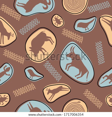 Seamless pattern with petroglyphs style animals inside of abstract shapes of pink and blue colour on brown background. 