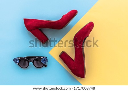 Abstract modern art concept top down layout of High Heel Shoes and Shades, style, glam,