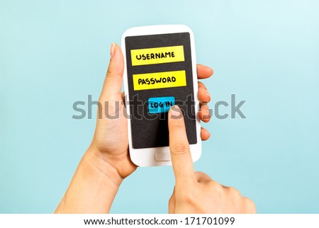 Paper touchscreen cellphone with login form on blue background
