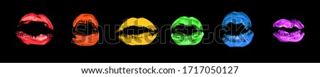 LGBTQ community rainbow flag color lipstick kiss print set black background isolated close up, colorful neon makeup lips stamps, kisses imprint diversity, LGBT pride symbol, gay, lesbian etc love sign