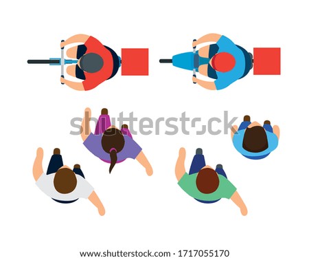 campaign of social distancing for covid 19 with view aerial of delivery workers and people vector illustration design