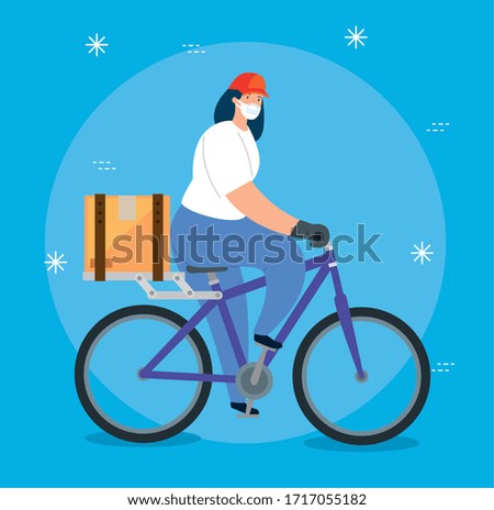 delivery worker female using face mask in bike vector illustration design